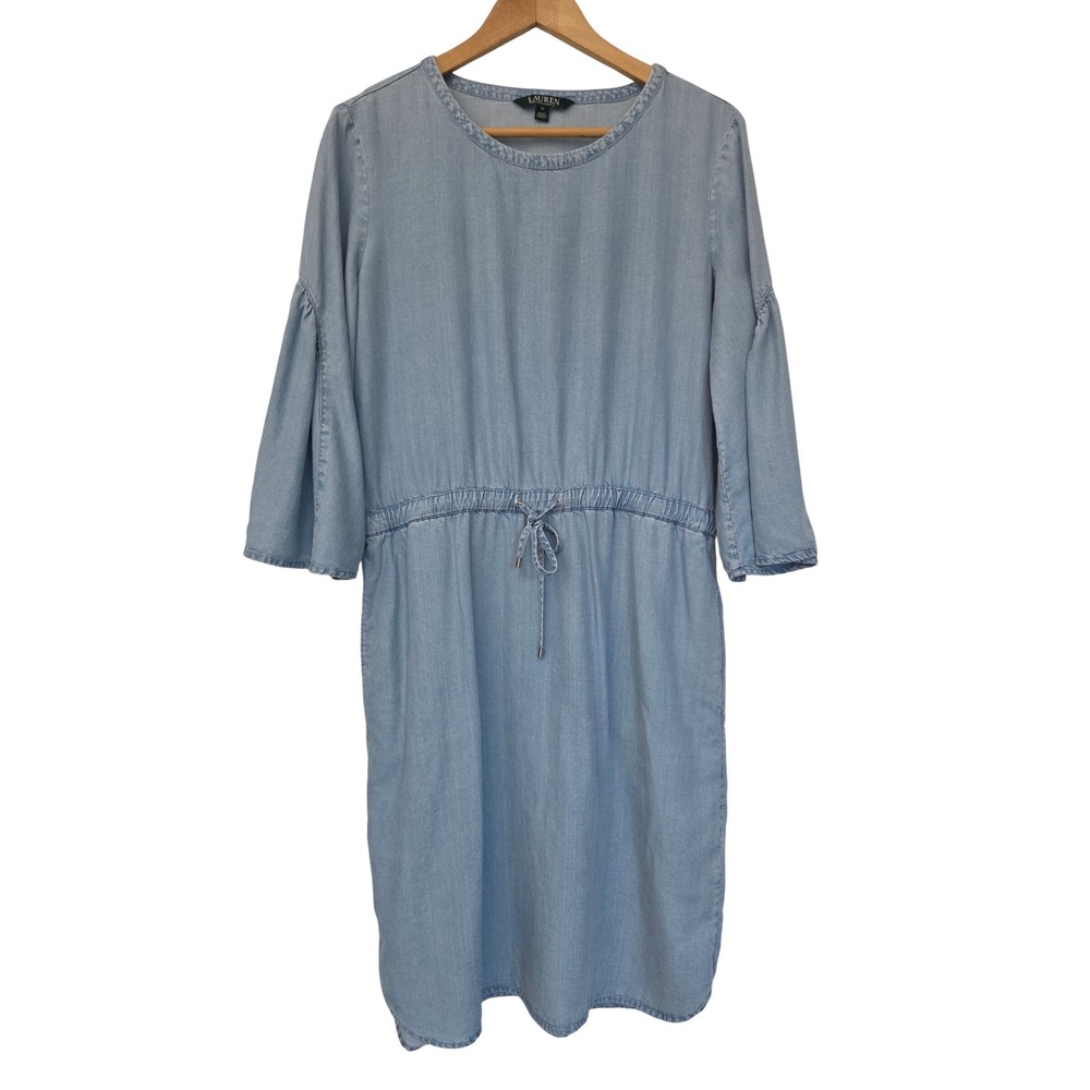 Lauren Ralph Lauren Dress Bell Sleeve Drawstring Women 10 Light Blue Chambray